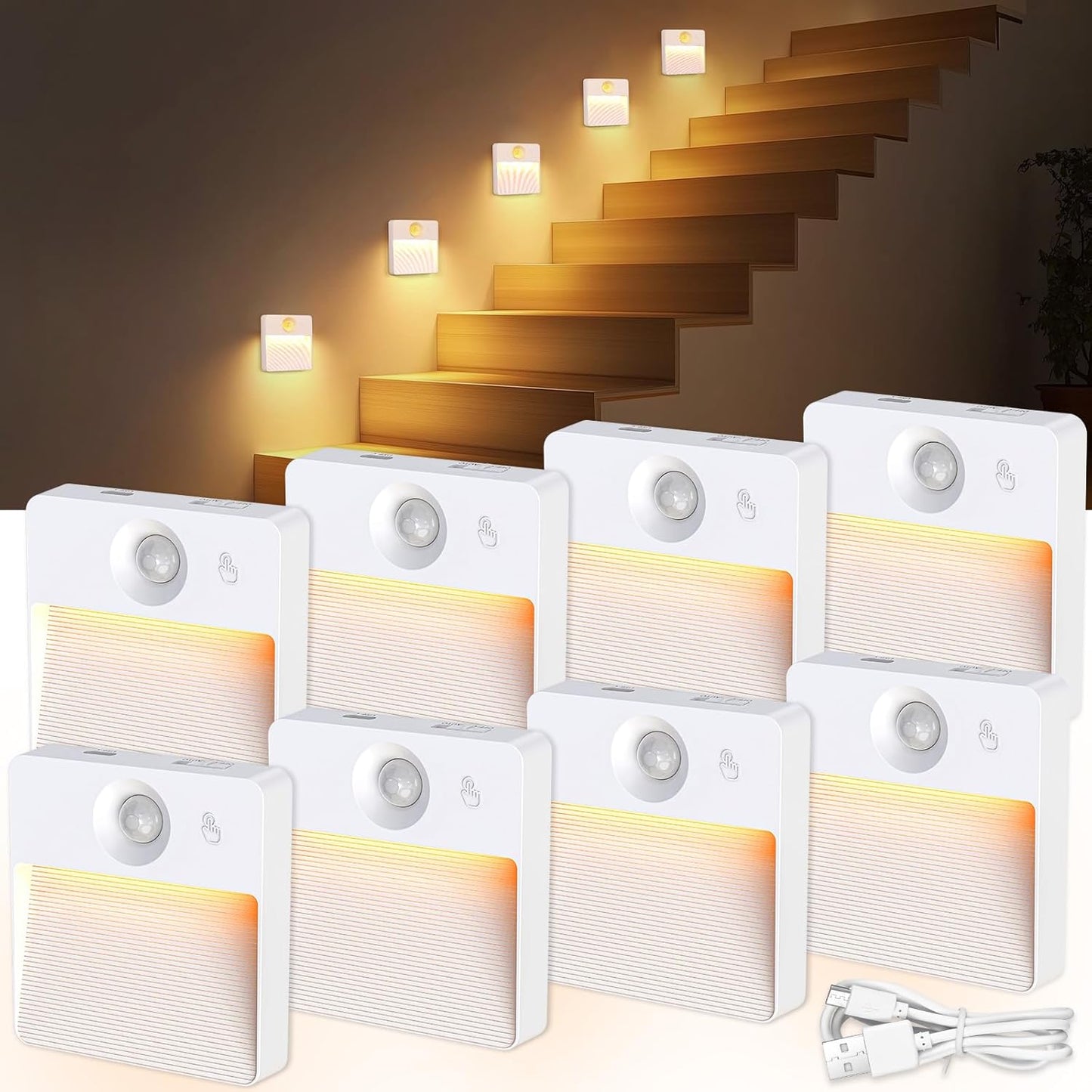 Rechargeable Motion Sensor Stair Lights - 8 Pack RGBW Battery Operated Night Lamps for Indoor Use