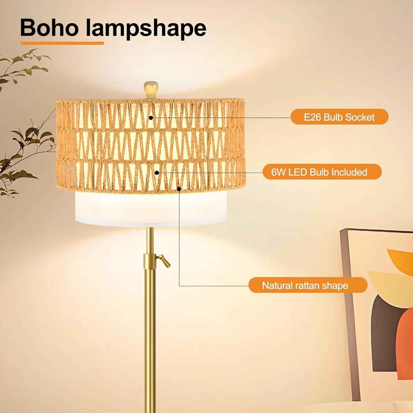 Boho Gold Floor Lamp with Remote Control | Dimmable Rattan & Wicker Design for Living Room