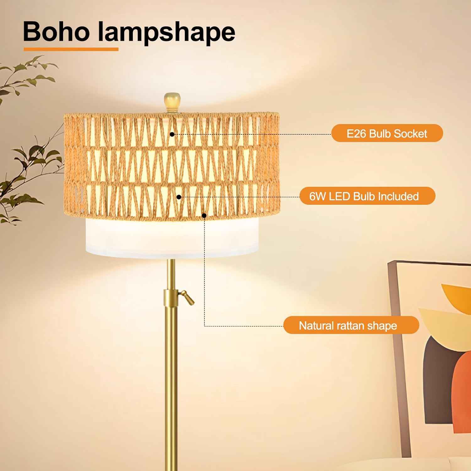 Boho Gold Floor Lamp with Remote Control | Dimmable Rattan & Wicker Design for Living Room
