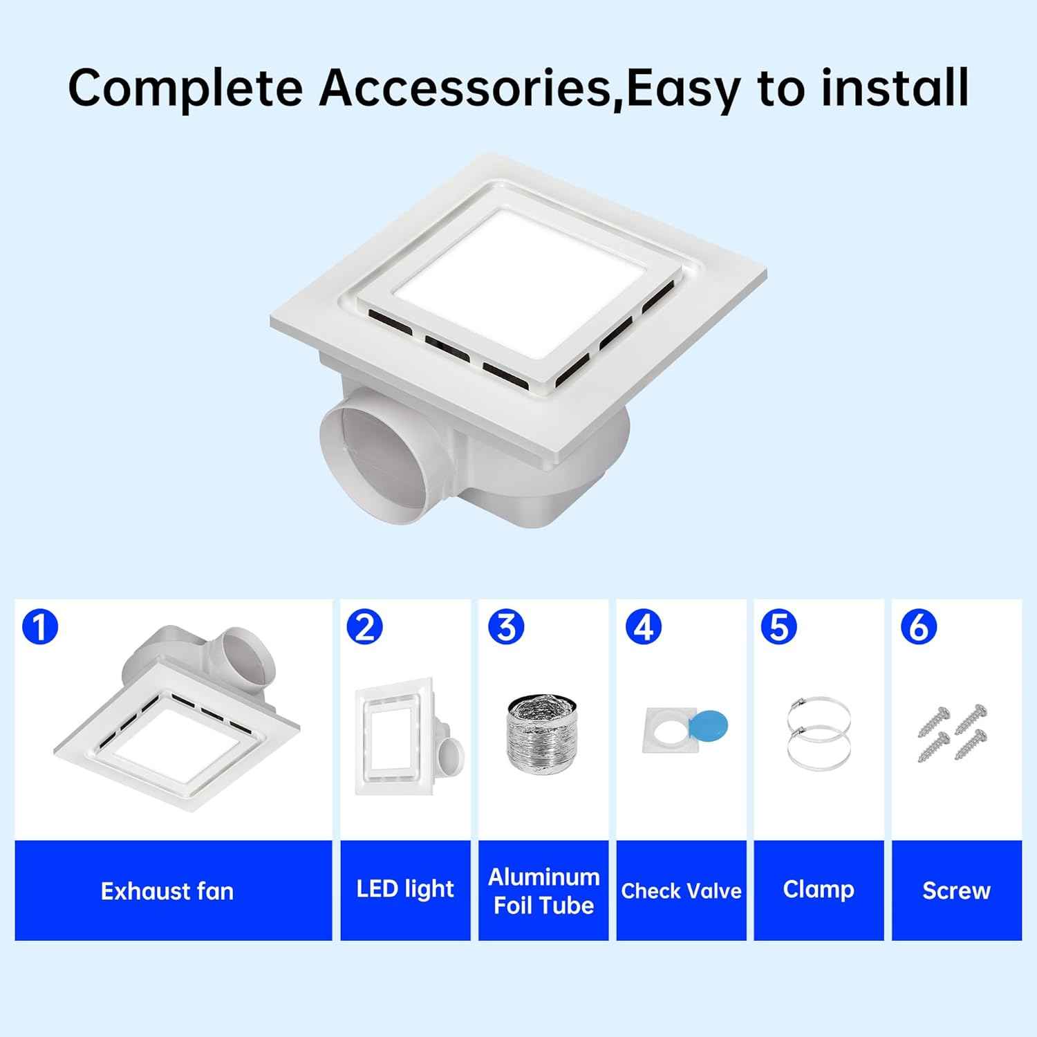12" Silent Exhaust Fan with 6500K LED Light - 144 CFM Bathroom Ventilation