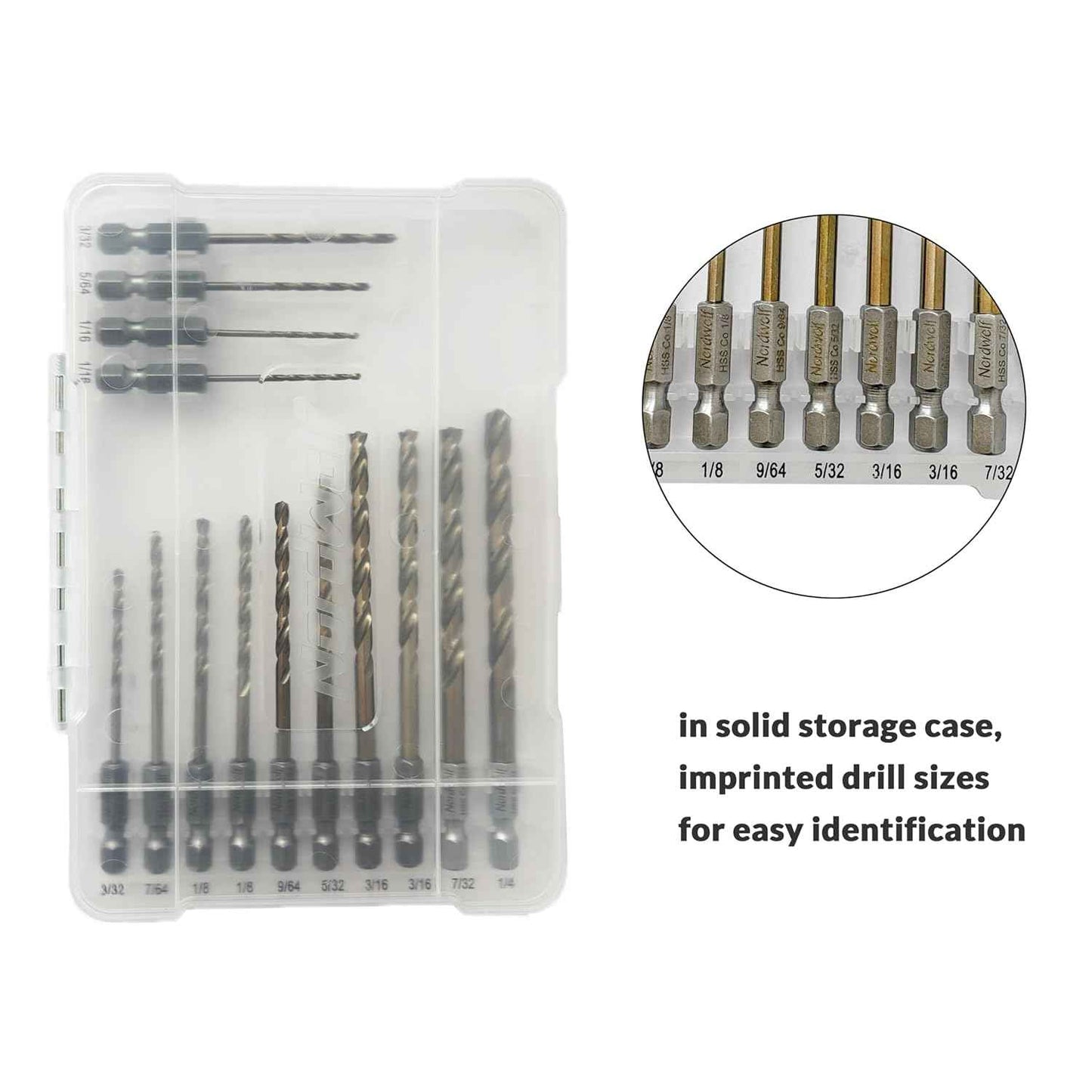 21-Piece Cobalt Drill Bit Set for Stainless Steel & Hard Metals - Jobber Length, 1/4" Hex Shank, SAE Sizes in Storage Case