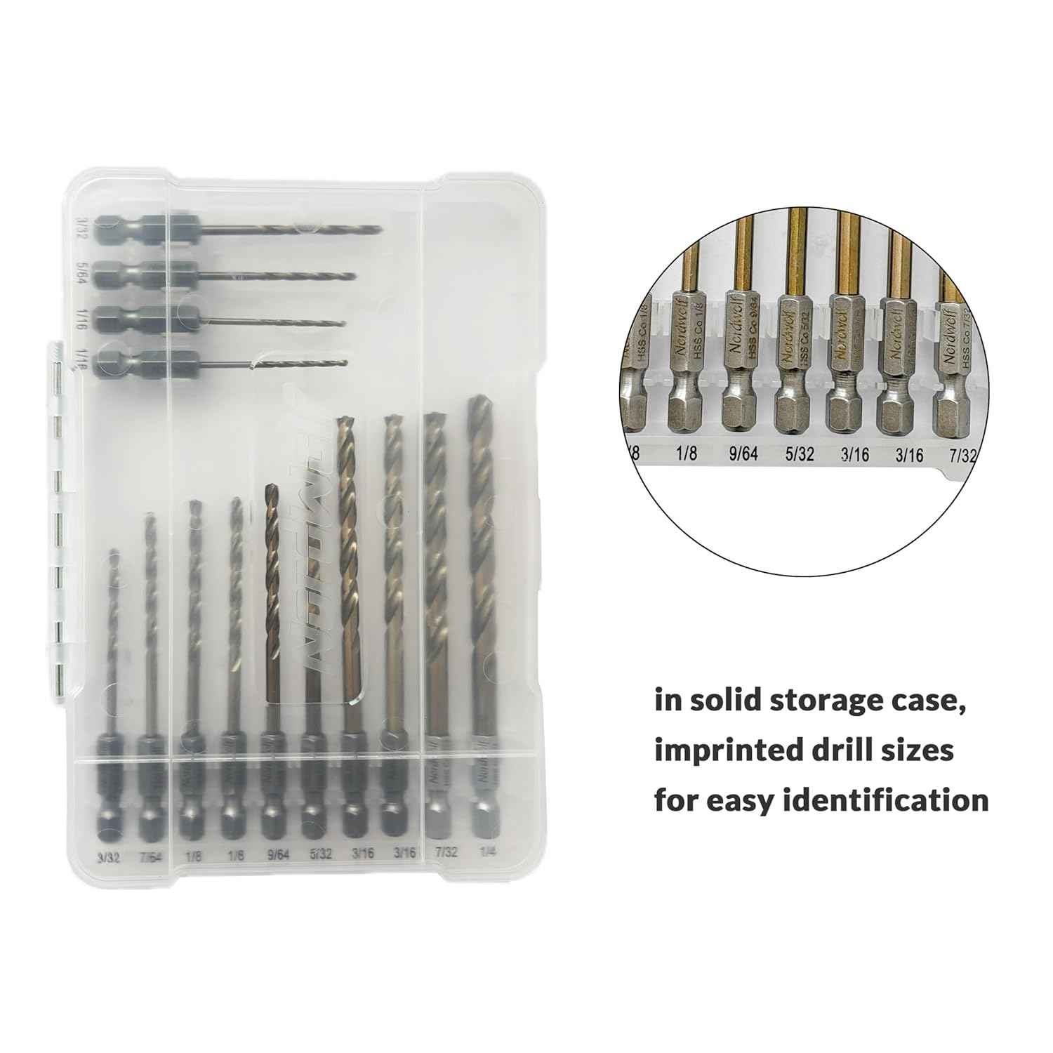 21-Piece Cobalt Drill Bit Set for Stainless Steel & Hard Metals - Jobber Length, 1/4" Hex Shank, SAE Sizes in Storage Case