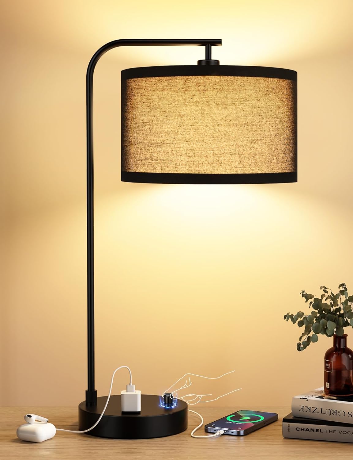 Dimmable Tall Table Lamp with USB Port & Outlet - Linen Shade Bedside Desk Lamp for Bedroom, Living Room, Home Office
