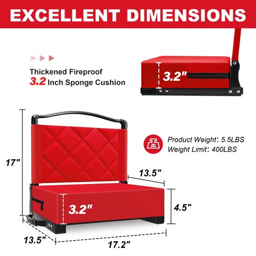 Kaganoon Stadium Seats with Back Support Cushion, Folding Stadium Seats for Bleachers Hold up 400lbs, Wide Bleacher Seat with Shoulder Strap & Handle Comfort for Sports Events (red, 1pcs)