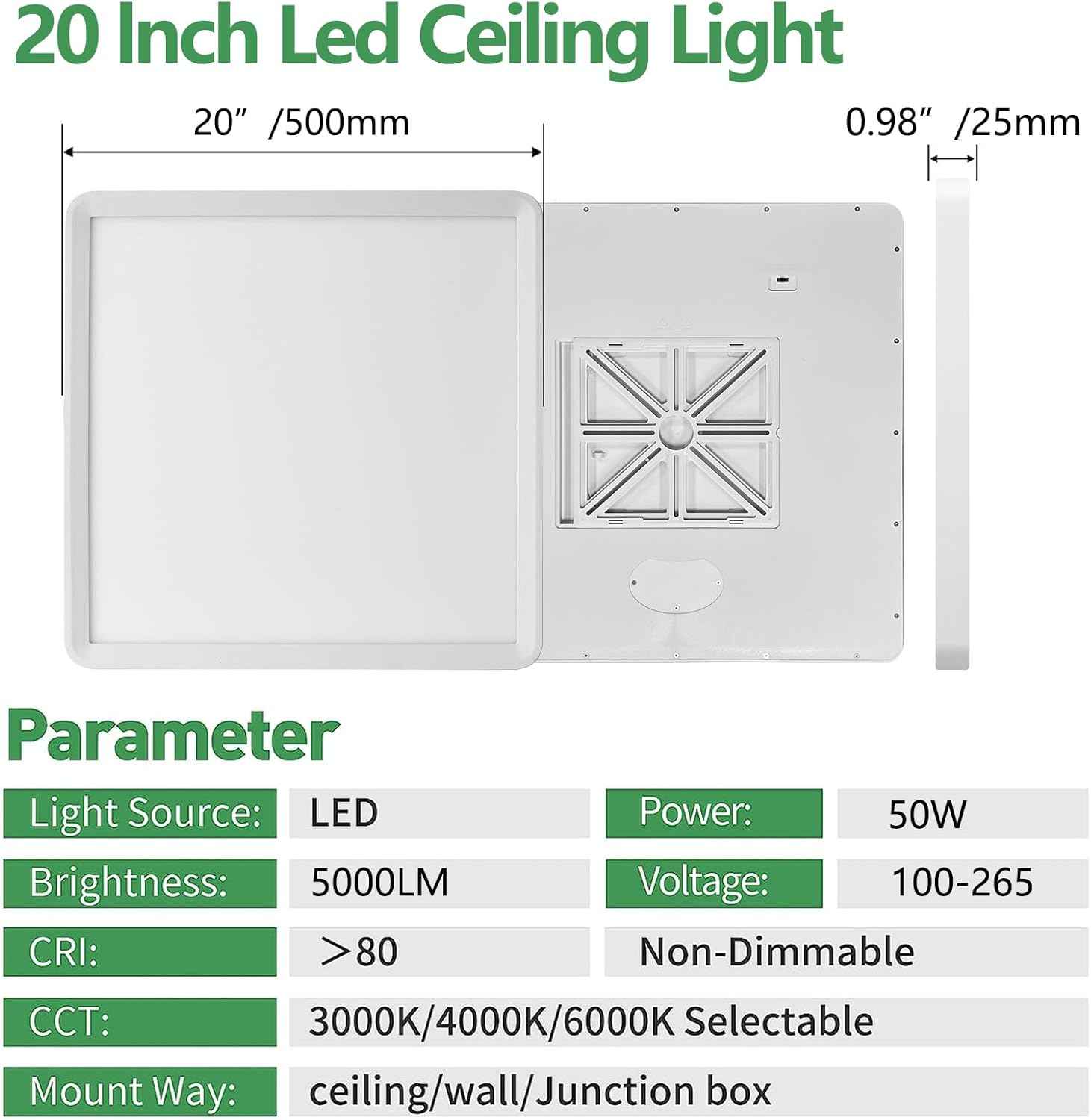 50W 20-Inch LED Flush Mount Ceiling Light - 5000LM, CCT Selectable, Low Profile for Hallway, Kitchen, Bedroom
