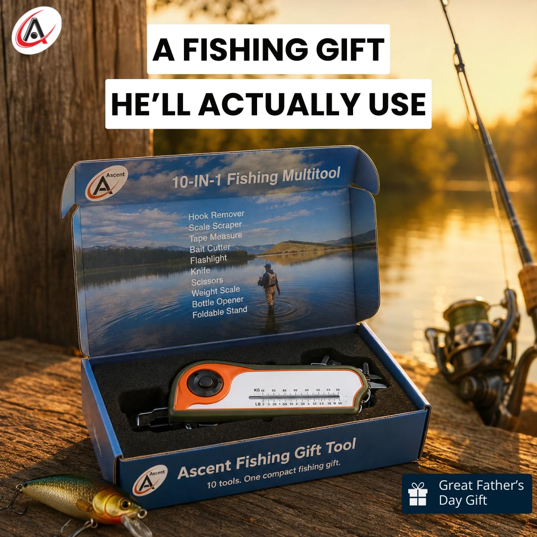 Fisherman Gift Tool Fishing Multitool - Hook Remover, Scale Scraper, Tape Measure, Bait Cutter, Flashlight, Knife, Scissors, Weight Scale, Bottle Opener, Gift Idea for Men Women Kids