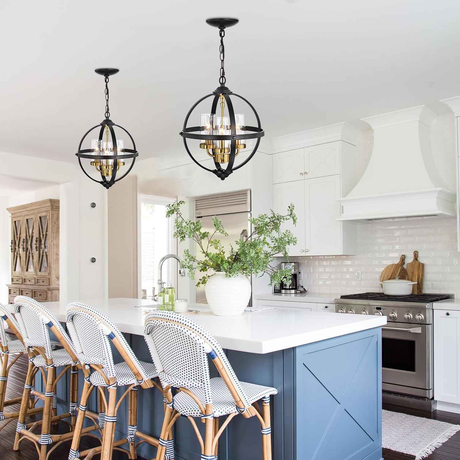 Rustic 14" Farmhouse Chandelier - Vintage Black & Gold 3-Light Pendant Light for Kitchen, Dining Room & Entryway