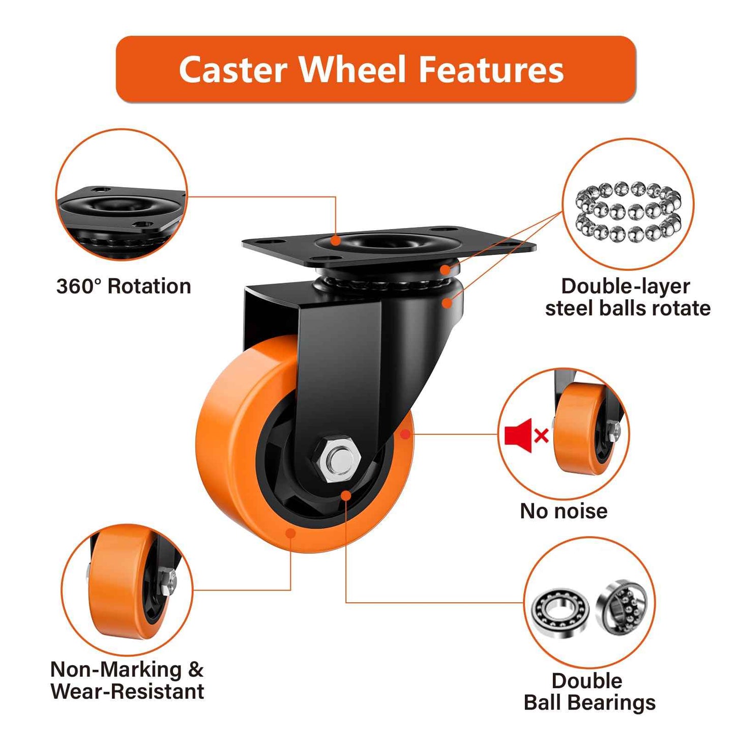 ASHGOOB 3 Inch Caster Wheels, Casters Set of 4 Heavy Duty, Orange Polyurethane (PU) Casters, Industrial Swivel Top Plate Castor Wheels for Workbench/Furniture/Cart (Pack of 4)