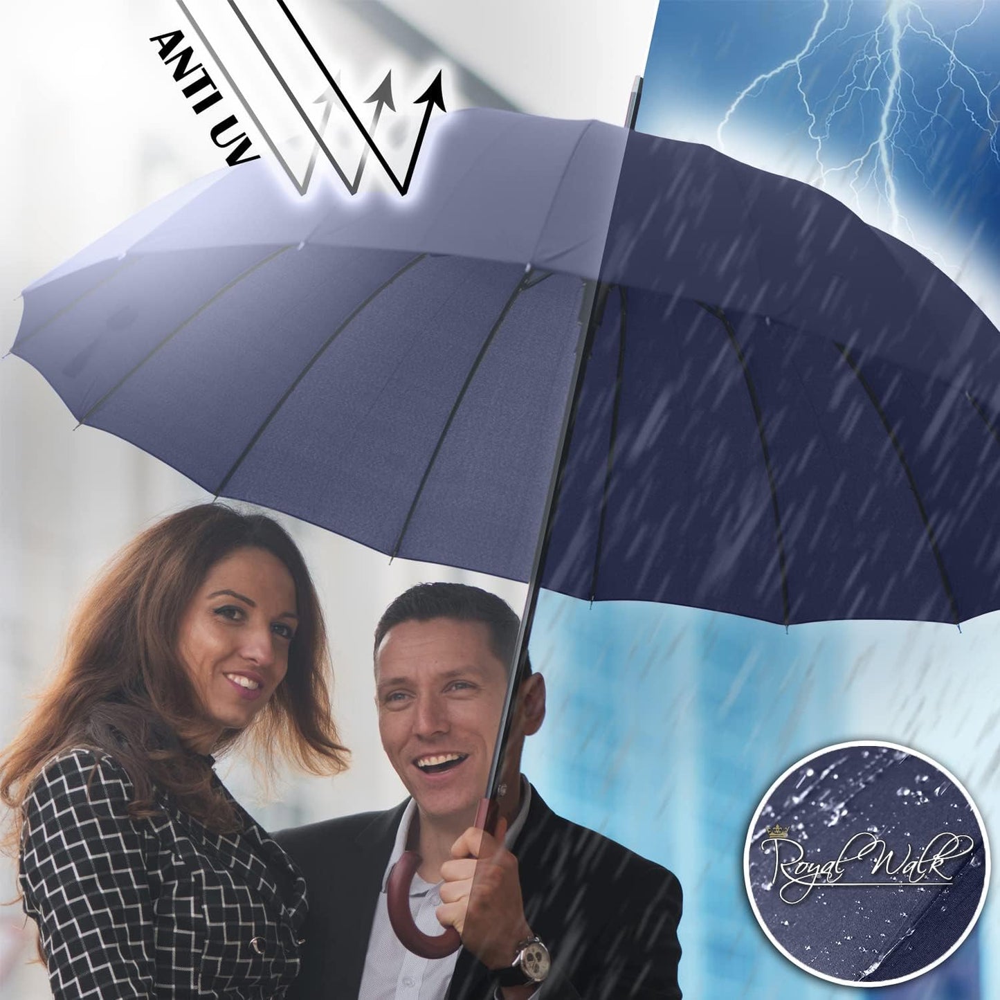 Royal Walk Large Windproof Umbrella for 2 - Navy Blue, 54 Inch, Auto Open, Wooden Handle