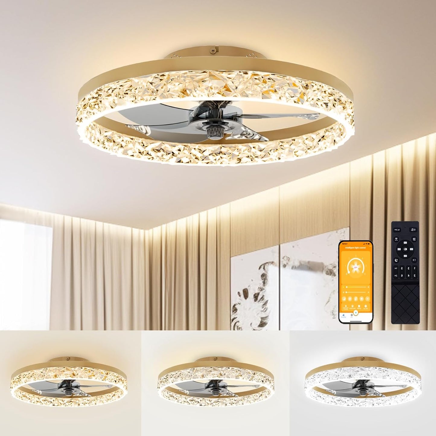 Modern Bladeless Ceiling Fan with Light & Remote - 15.7in Low Profile Fandelier, Dimmable 3000K-6500K for Bedroom