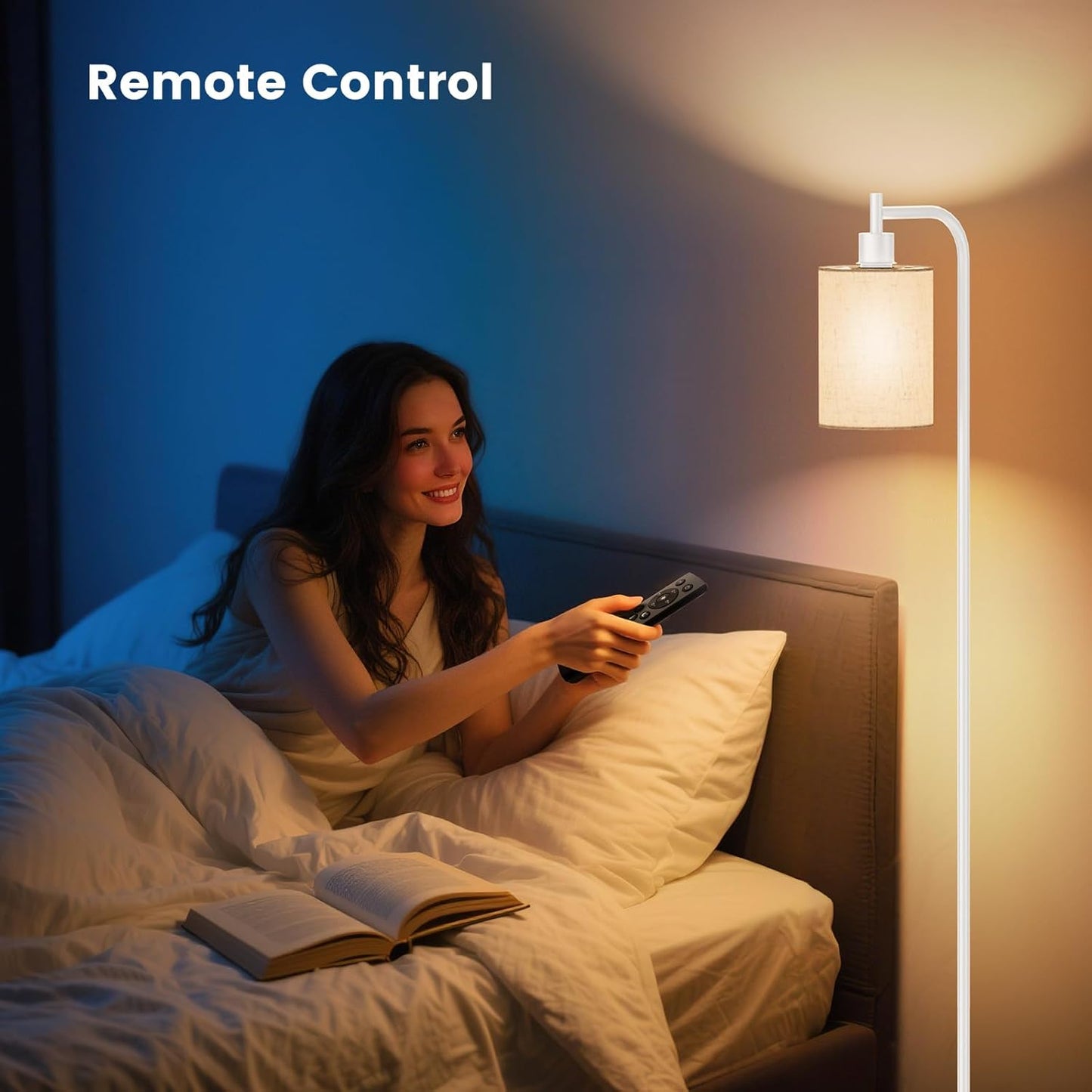 Dimmable Floor Lamp with Linen Shade & Remote Control - Modern 9W LED Standing Lamp for Living Room, Bedroom, Office