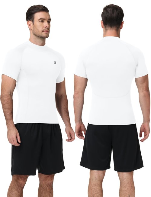 Roadbox Men's Compression Shirt, Mock Turtleneck Short Sleeve Athletic Undershirt, Quick Dry Base Layer Top for Gym Workout White