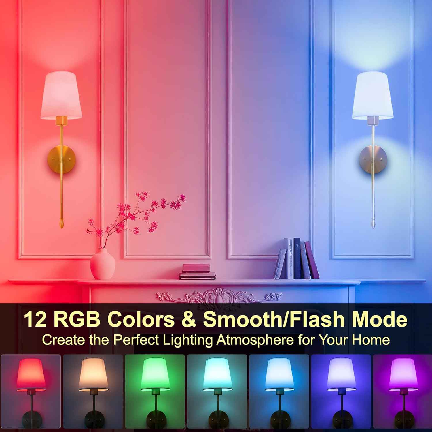 Rechargeable Gold Battery Operated Wall Sconces Set of 2 with Remote & RGB Bulbs