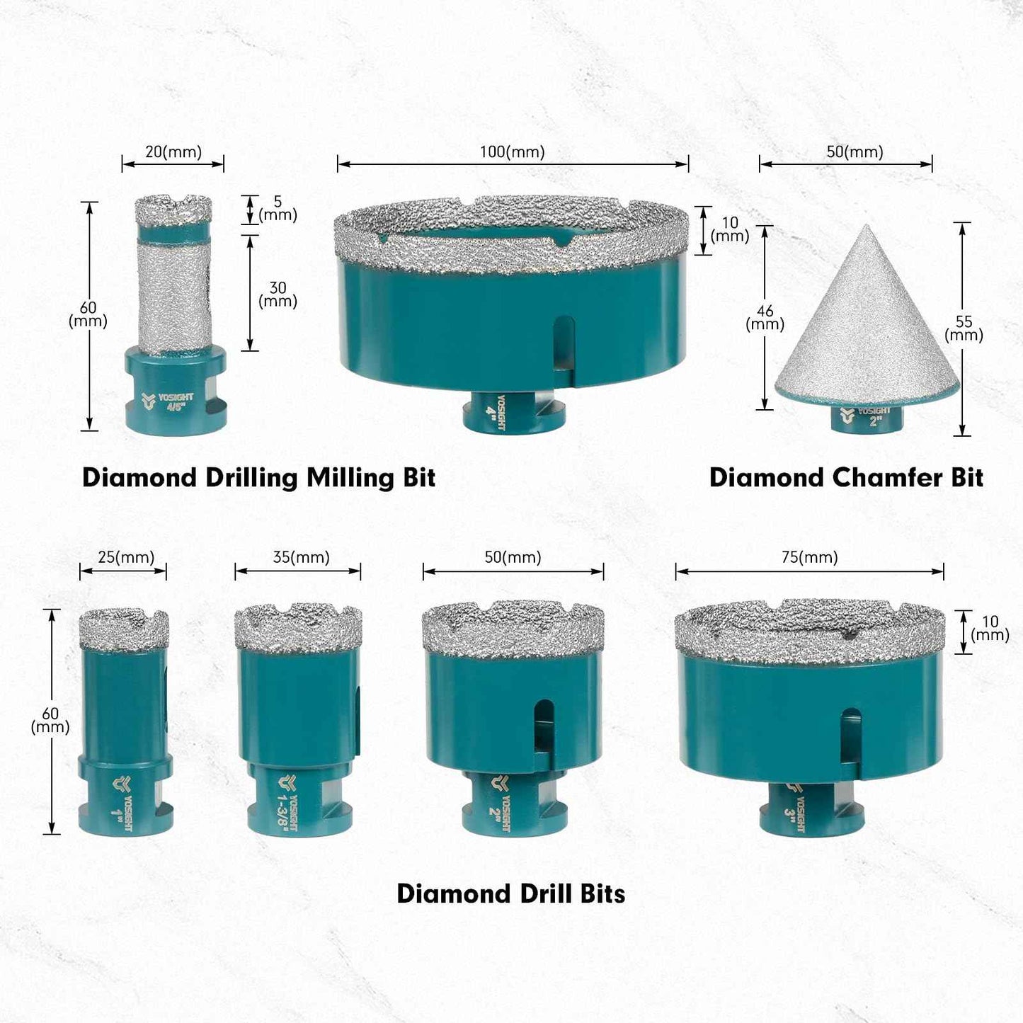 7Pcs Diamond Core Drill Bits Set - 5Pcs 25/35/50/75/100mm Drill Bits & 1Pc 50mm Chamfer Bit & 1pc 20mm Drilling Milling Bit - Hole Saw Set for Tile Granite Garble