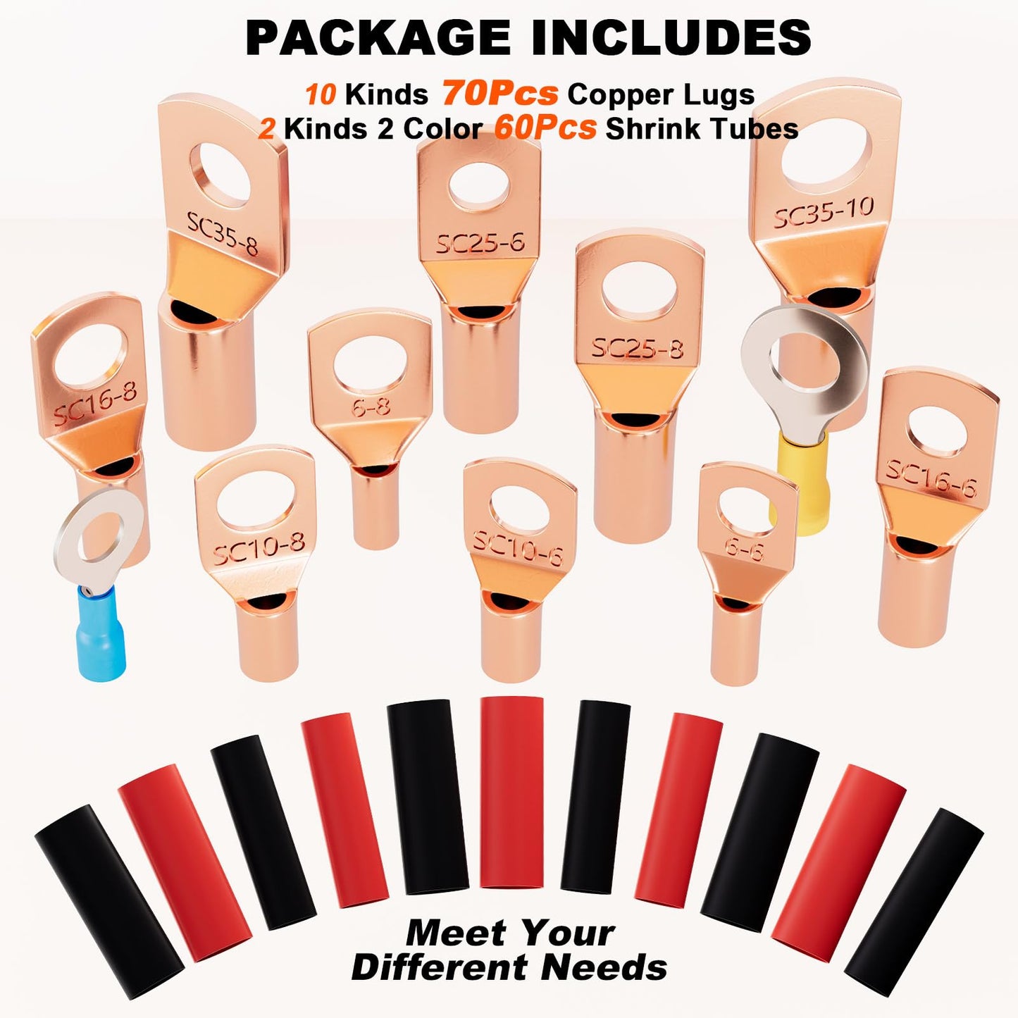 Sanuke 130pcs Copper Wire Lugs, Battery Lugs Awg 2 4 6 8 10 12 14 16 Copper Lugs Assortment Ring Terminals Connectors Wire Connectors Terminals, 70pcs Battery Cable Ends with 60pcs Heat Shrink