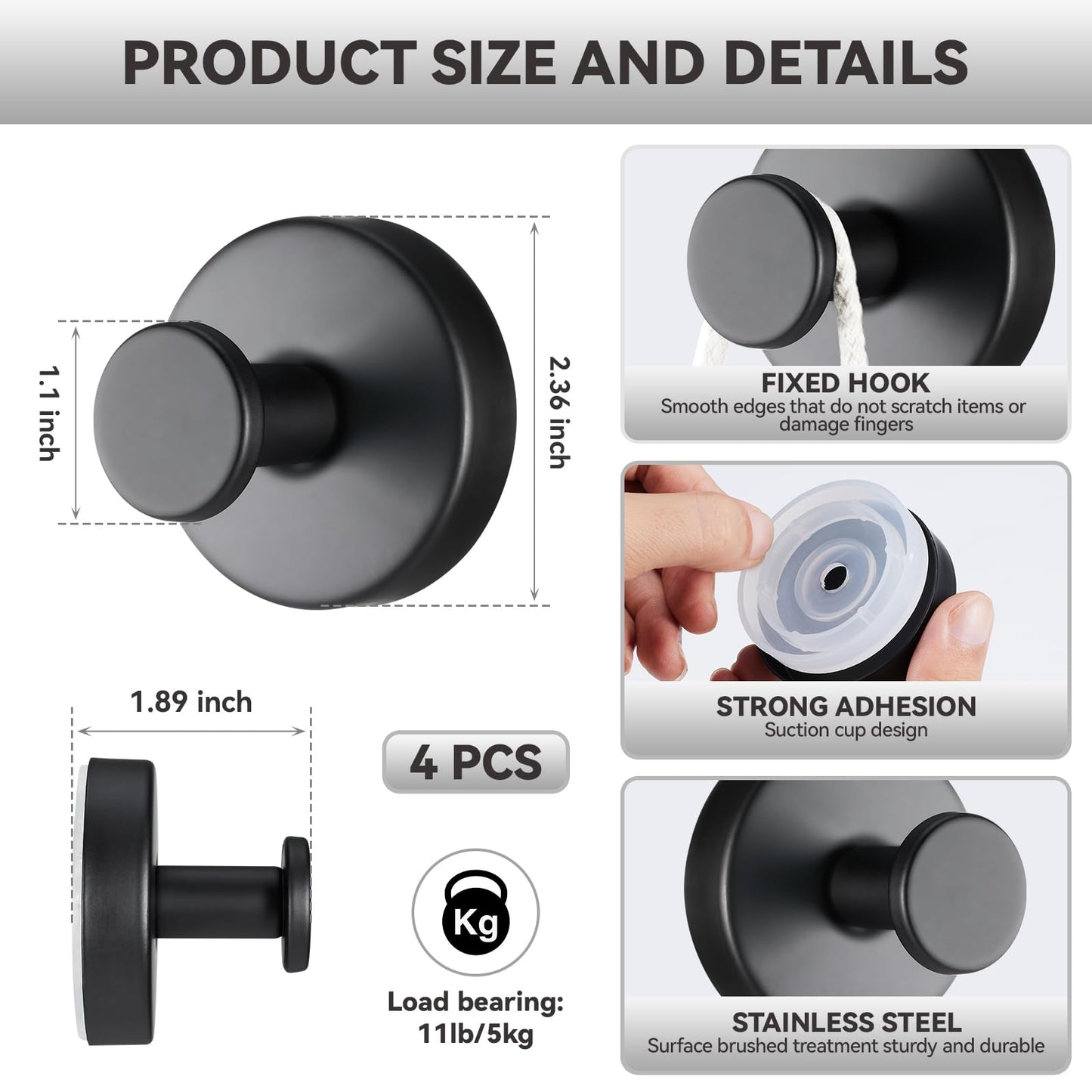 4 PCS Suction Cup Hooks for Shower, Stainless Steel No Drill Towel Hooks, Reusable Sticky Silicone Base for Bathroom Wall, Glass, Mirror, Tile to Hang Loofahs, Robes (Matt Black)