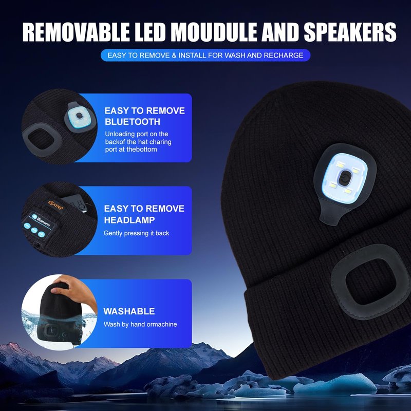 Bluetooth Beanie Hat with Led Light,Fleece Lined Winter Warm Hat with Wireless Music Headphones and Built-in Speaker Mic,Gifts for Men Women Black