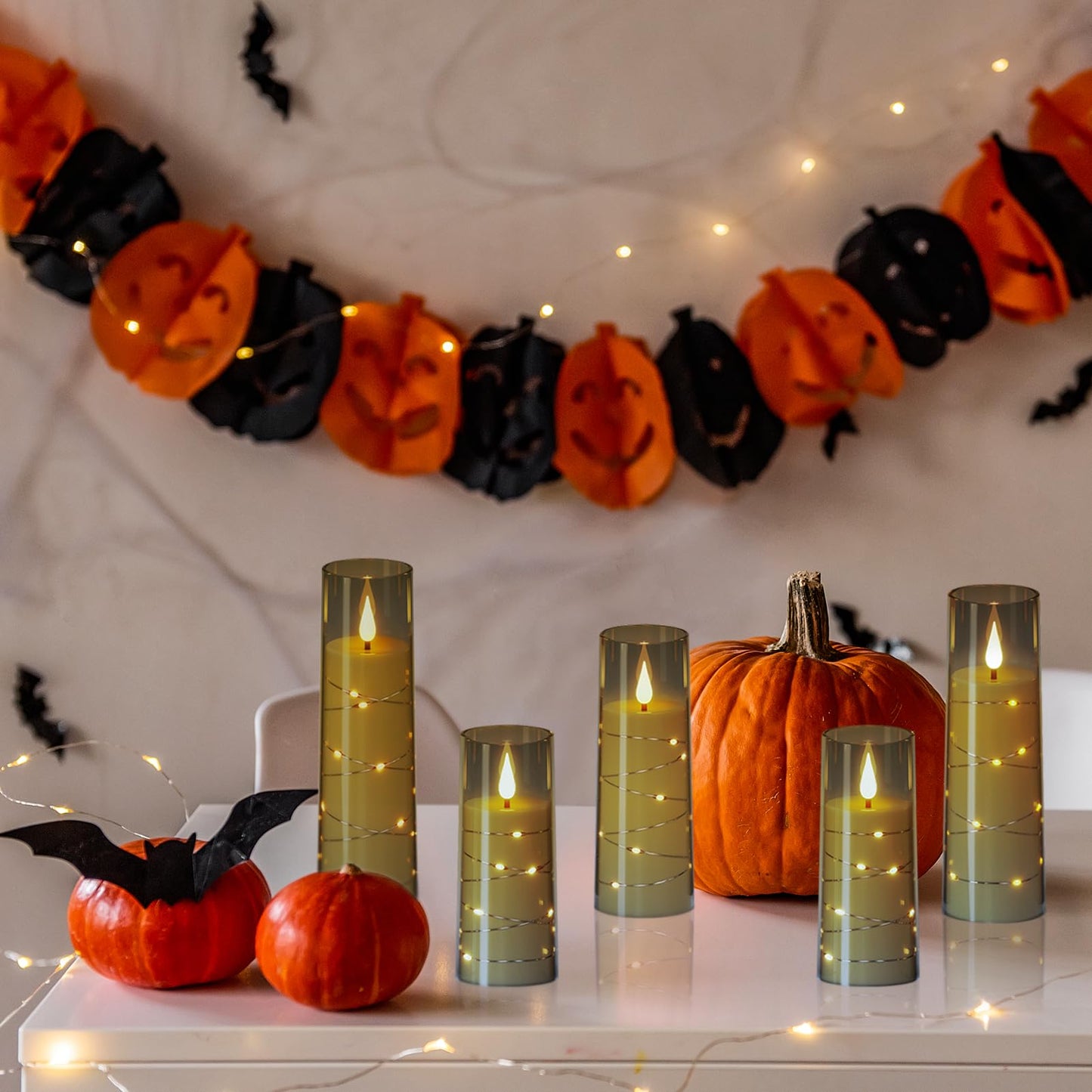 GenSwin Flickering Flameless Candles with Remote Timer, 5 Pack Battery Operated Candles with Embedded Star String, Black LED Battery Candles for Halloween Christmas Wedding Decor(D2.3” x H5”5”6”7”8”)