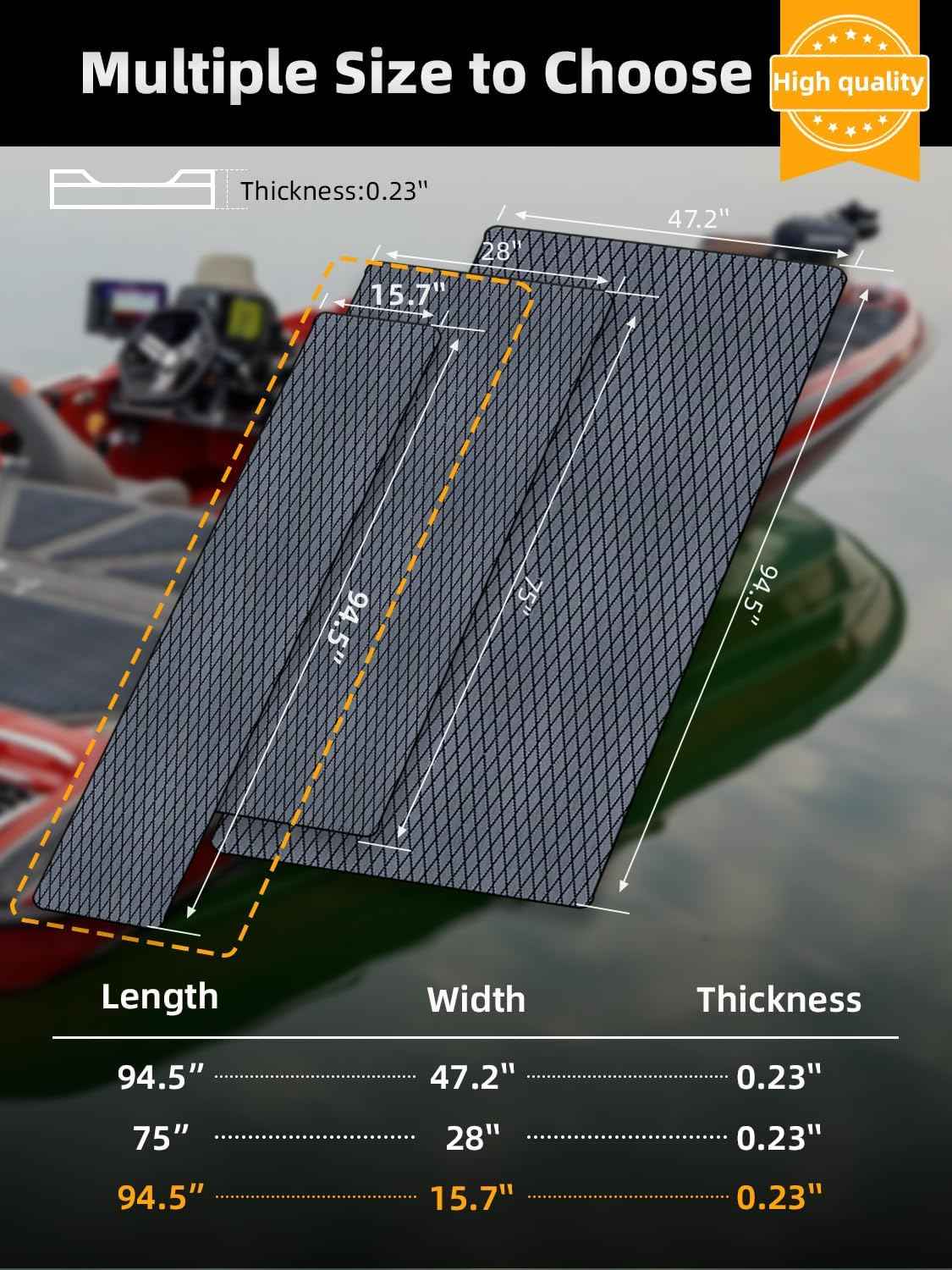 Non-Slip EVA Foam Boat Flooring Mat for Motorboats & Kayaks - 94.5''x15.7'', Dark Grey