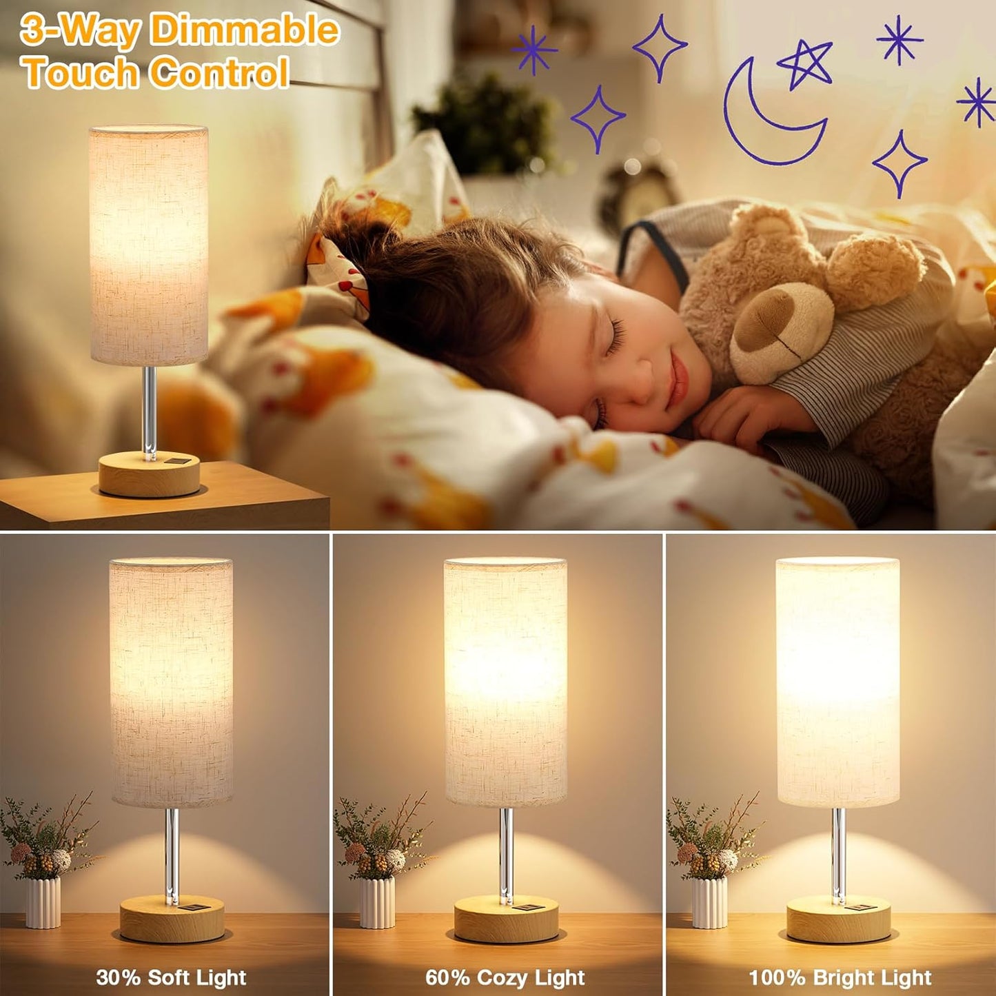 Touch Bedside Lamps Set of 2 - Dimmable Table Lamps with Wooden Charging Station for Bedroom & Kids Room