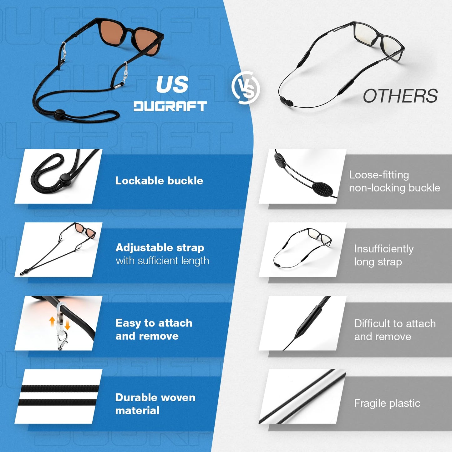 DUGRAFT Glasses Strap 6-Pack - Eye Glasses Holders Around Neck, Sunglasses Strap for Sports & Casual Wear - Adjustable, Secure & Comfortable