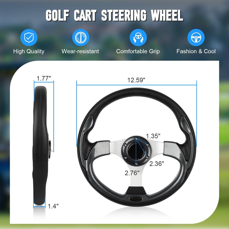 Universal Golf Cart Steering Wheel, 6 Bolt Aluminum Frame Golf Steering Wheel 12.5" PVC Vinyl Leather, Fit For Club Car DS & Precedent, EZGO TXT & RXV, Yamaha Most Golf Cart Model