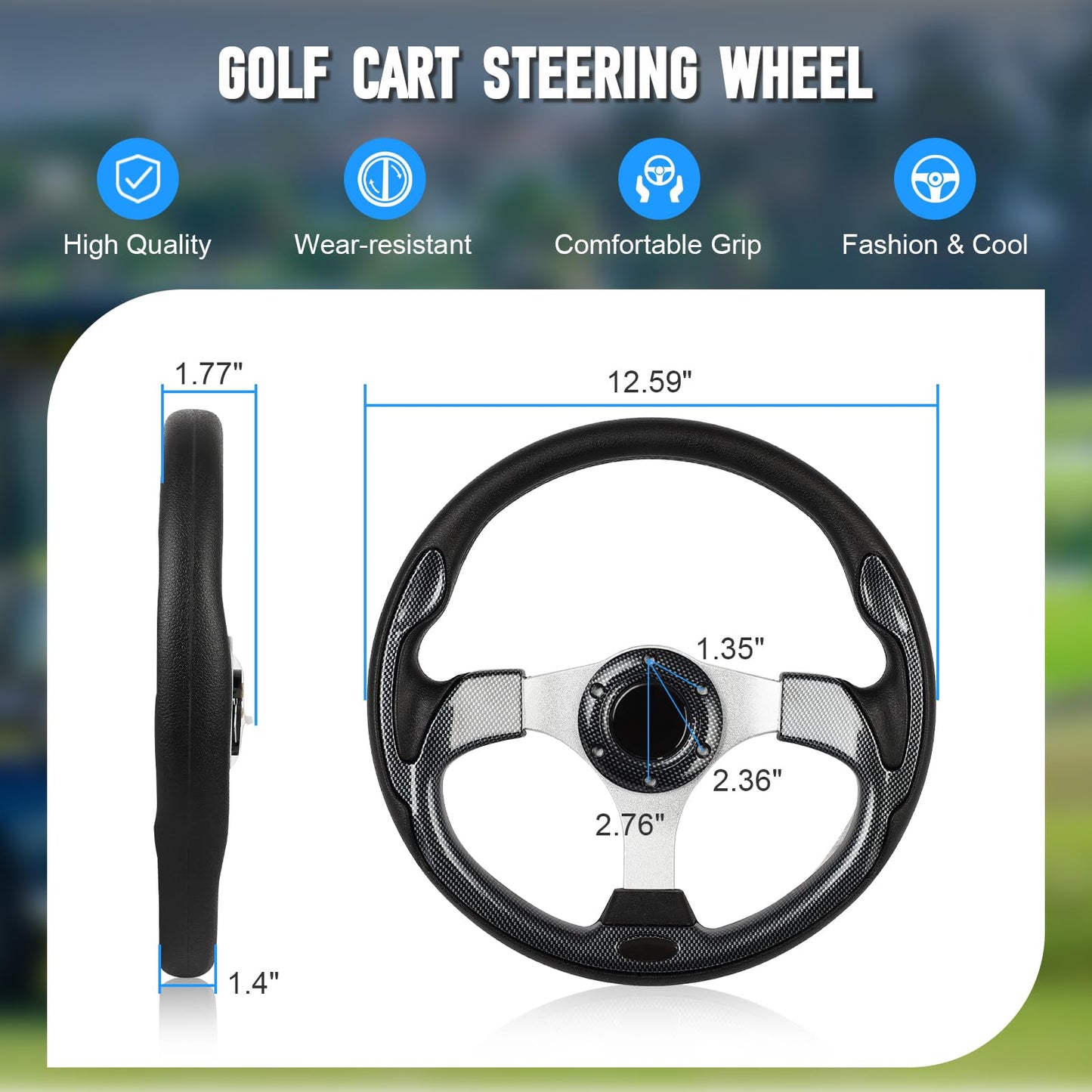 Universal Golf Cart Steering Wheel, 6 Bolt Aluminum Frame Golf Steering Wheel 12.5" PVC Vinyl Leather, Fit For Club Car DS & Precedent, EZGO TXT & RXV, Yamaha Most Golf Cart Model