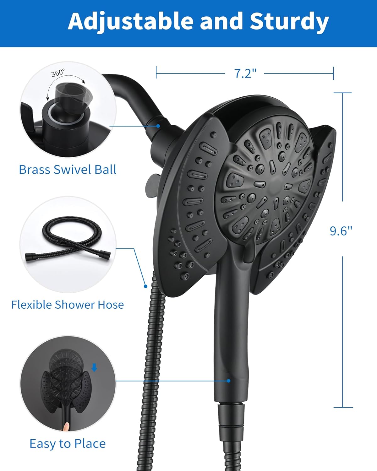 2.5GPM 7.2" Rainfall & Handheld Shower Head Combo with 60" Stainless Steel Hose