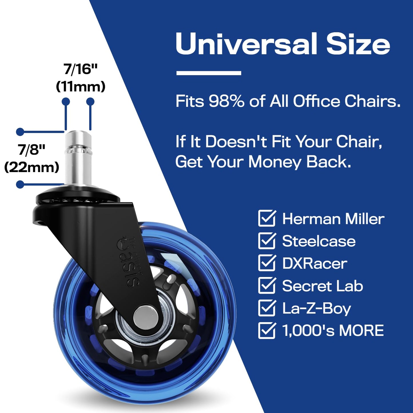 Original Rollerblade Office Chair Wheels - Smooth, Quiet Casters for Hardwood & Carpet - Easy Universal Fit - Set of 5