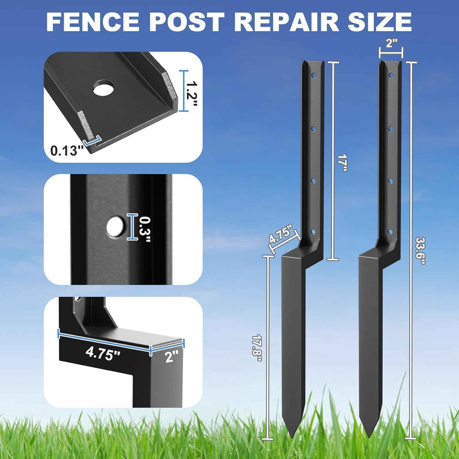 Heavy Duty 4-Pack Fence Post Repair Kit - 33.6" Ground Stakes for Tilted/Broken Wood Posts