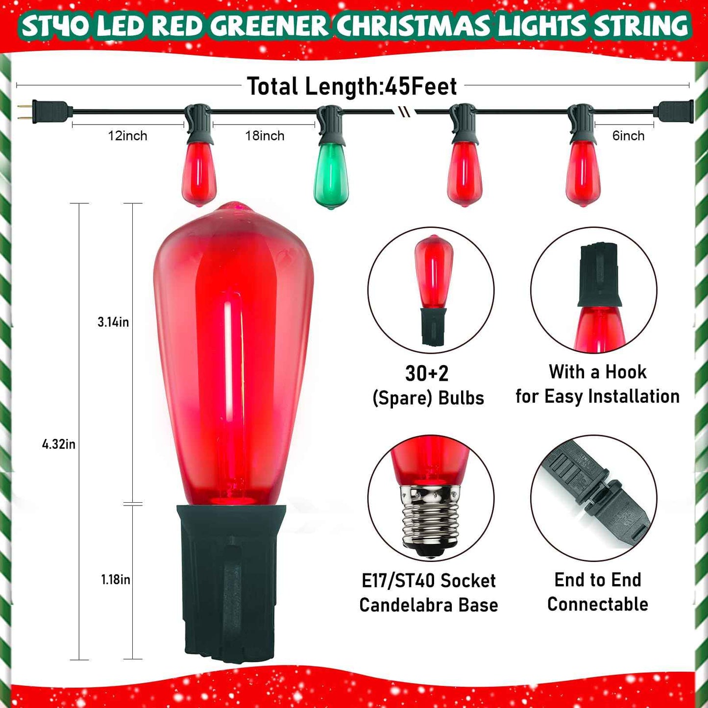 GOOTHY LED ST40 Red and Green Outdoor String Lights, 45FT Patio Lights Waterproof with 30 LED Red Green Shatterproof Bulbs, Hanging Outdoor Light for Home Party Backyard Garden Christmas Decorations