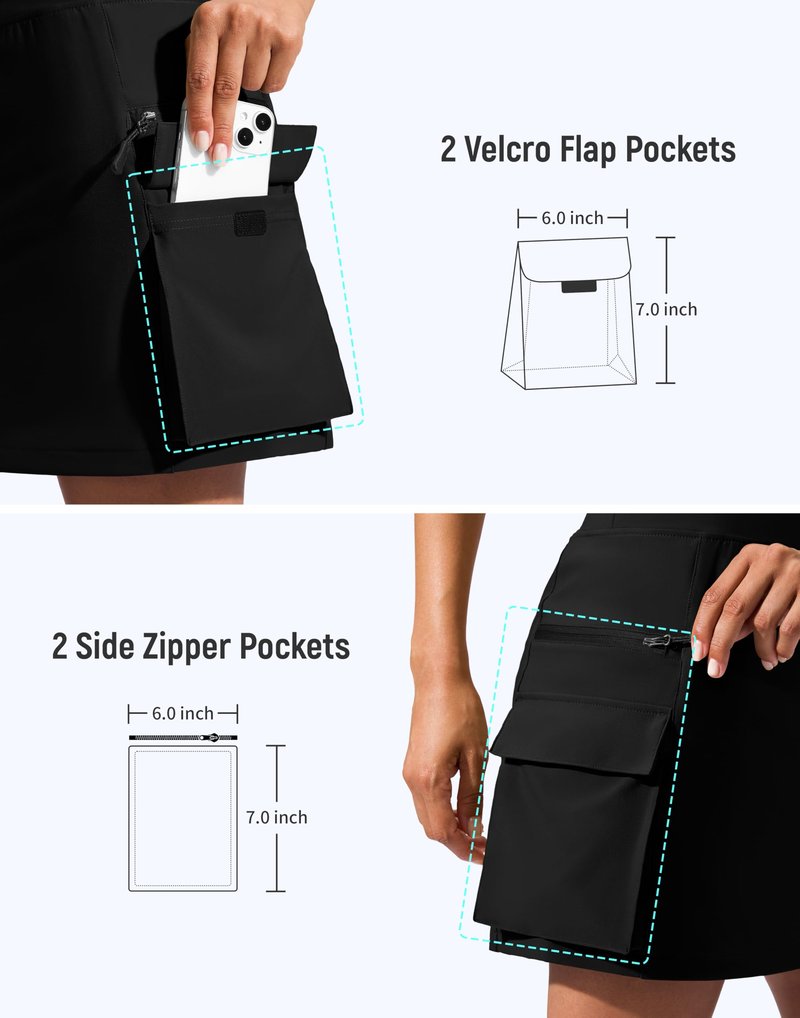 SANTINY 16" Cargo Skort with 6 Pockets Drawstring High Waisted Golf Travel Hiking Skorts for Women Dressy Casual Summer (Black_XL)