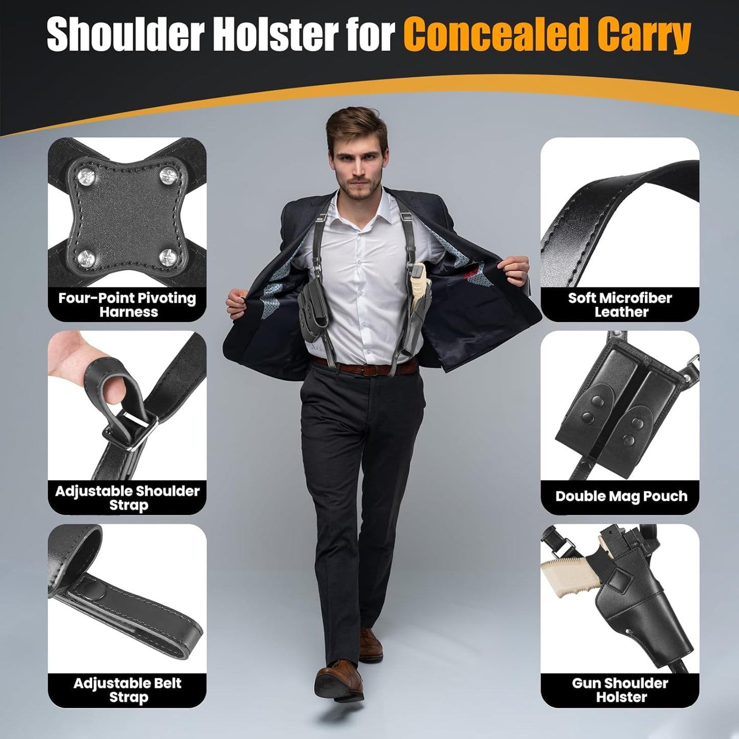 Yigerlee Shoulder Holster - Adjustable Vertical Gun Holster with Double Magazine Pouch | Soft Microfiber Leather, Fits 1911, Glock 17/19, Beretta 92FS & More