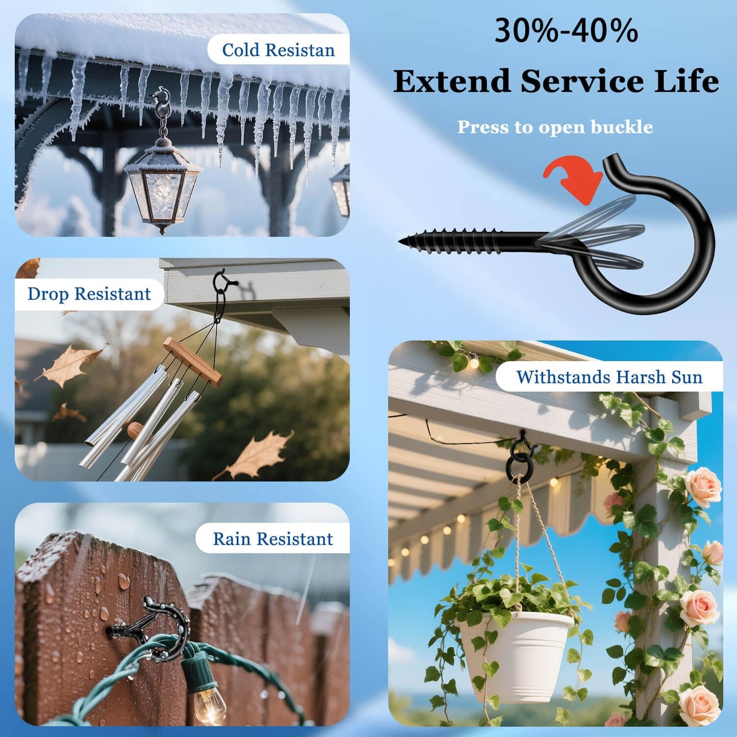 KULOLO 36 Pack Black Screw Hooks with Safety Buckle - 2.3 Inch Rustproof Eye Ceiling Hooks for Hanging Plants,Outdoor String Lights,Baskets,Christmas Lights & Decor,40lb Capacity (36, Black)