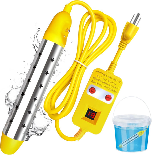 1500W Portable Immersion Water Heater with Thermostat & Real-Time Display for Buckets & Hot Tubs