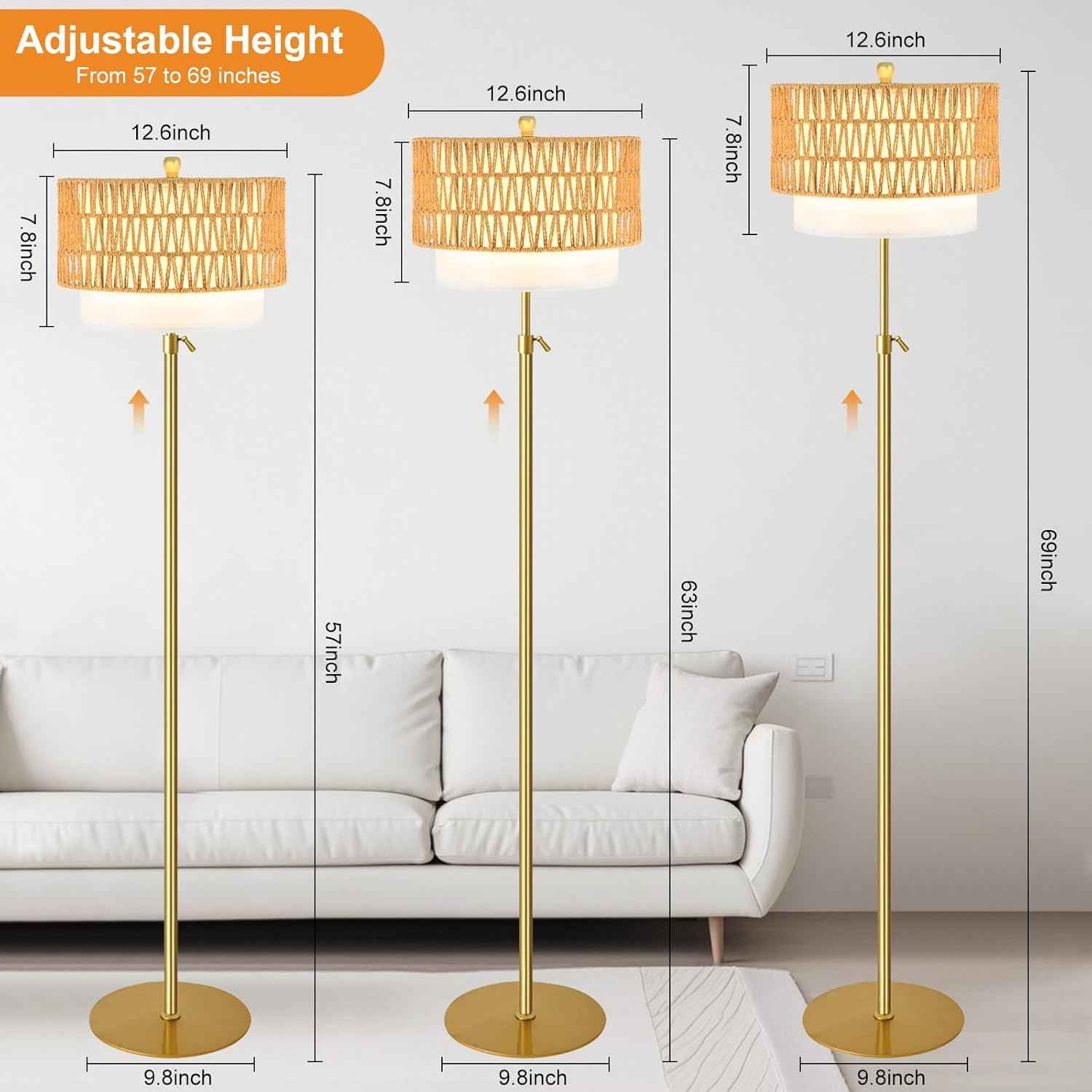 Boho Gold Floor Lamp with Remote Control | Dimmable Rattan & Wicker Design for Living Room