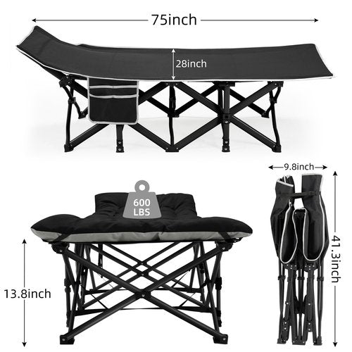 Fragess Portable Camping Cot, Sleeping Cots for Adults, 28" Extra Wide Heavy Duty Folding Cot Max Load 600LBS with Thick Mattress, Portable Camping Bed for Outdoor Camp/Office, Home Nap (Black)