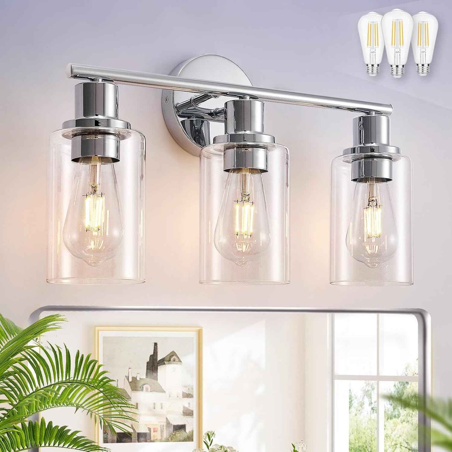 Modern Black 3-Light Bathroom Vanity Light Fixture with Clear Glass Shades - 2 Pack
