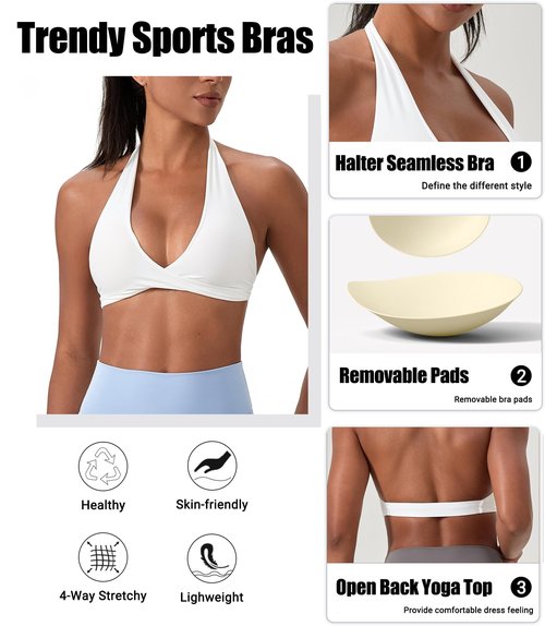 Sports Bra for Women Seamless Halter Padded Yoga Bras Open Back Gym Low Impact Workout Crop Tank Top Black