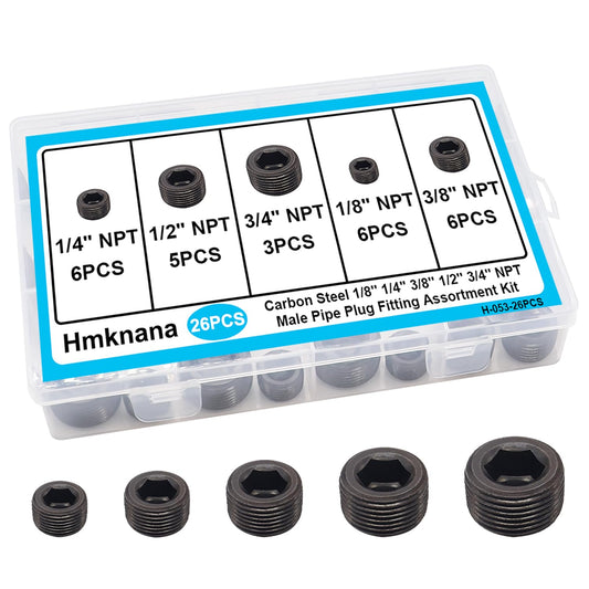 Hmknana 26PCS Black Pipe Plug Fitting Assortment Kit, Carbon Steel 5 Sizes 1/8" 1/4" 3/8" 1/2" 3/4" NPT Internal Hex Thread Socket for Sealing Port