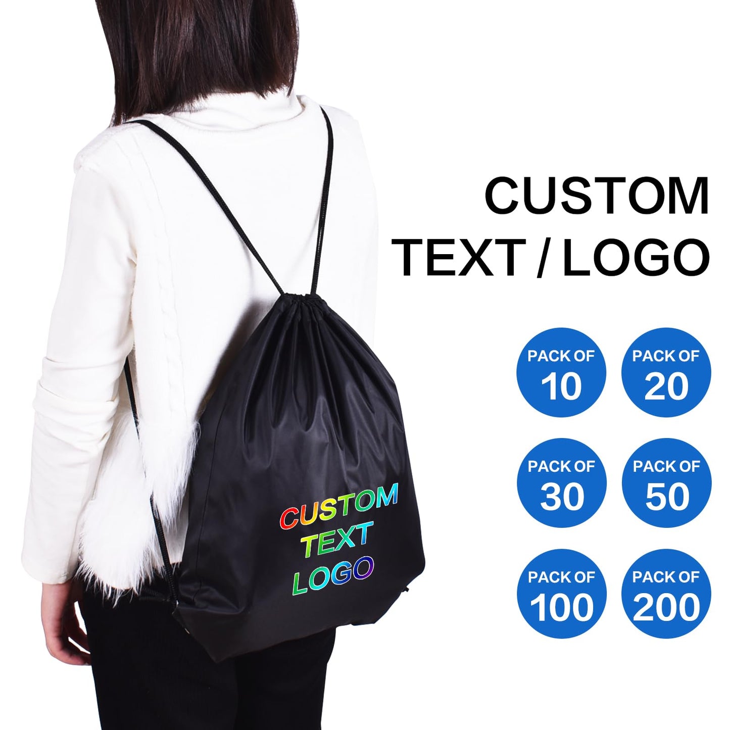 Scanect custom drawstring Backpacks bags 5/10/50/100 Pack, personalized Logo Text, bulk, Black