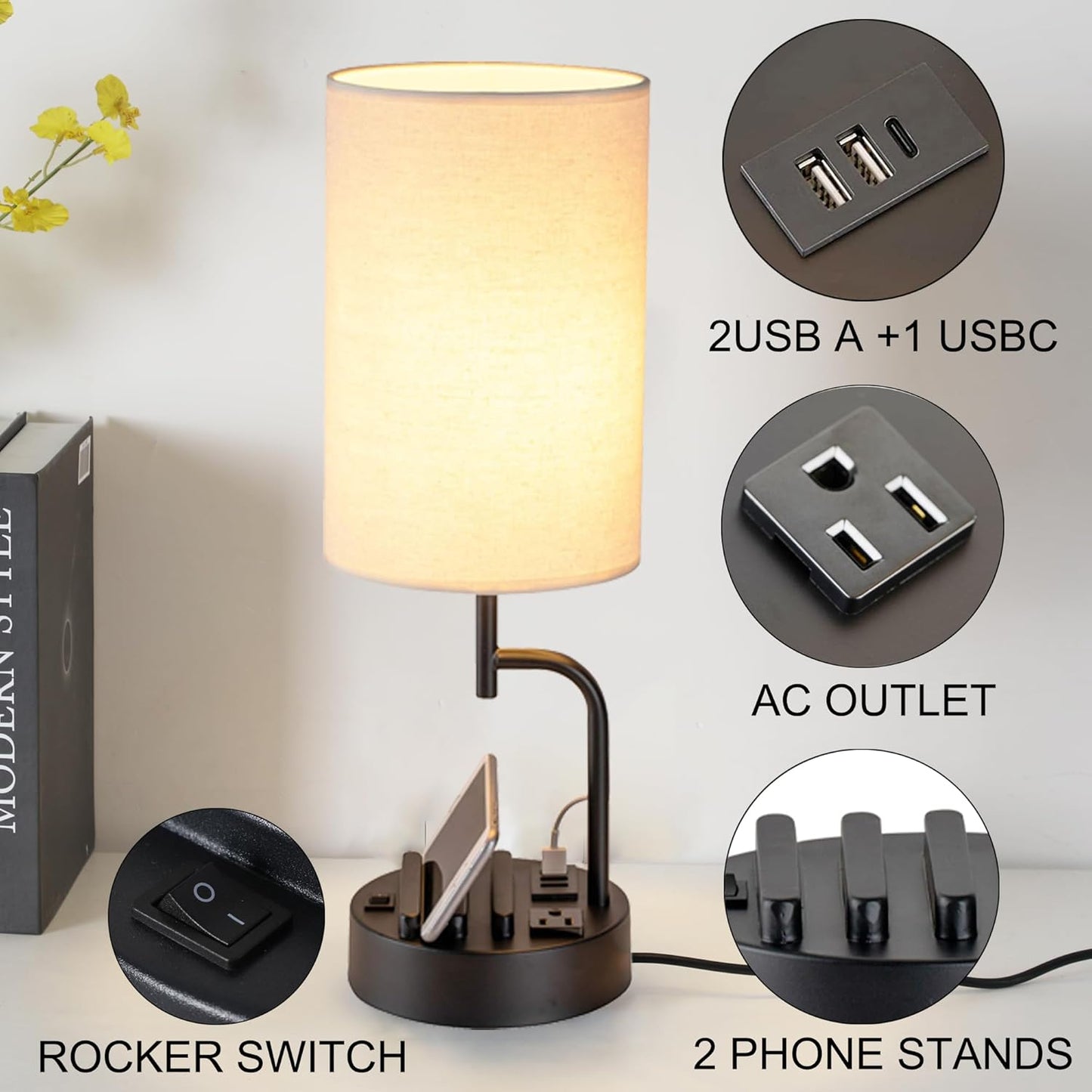 Modern Table Lamp with 3 USB Ports & AC Outlet - Set of 2 Bedside Desk Lamps in Silver