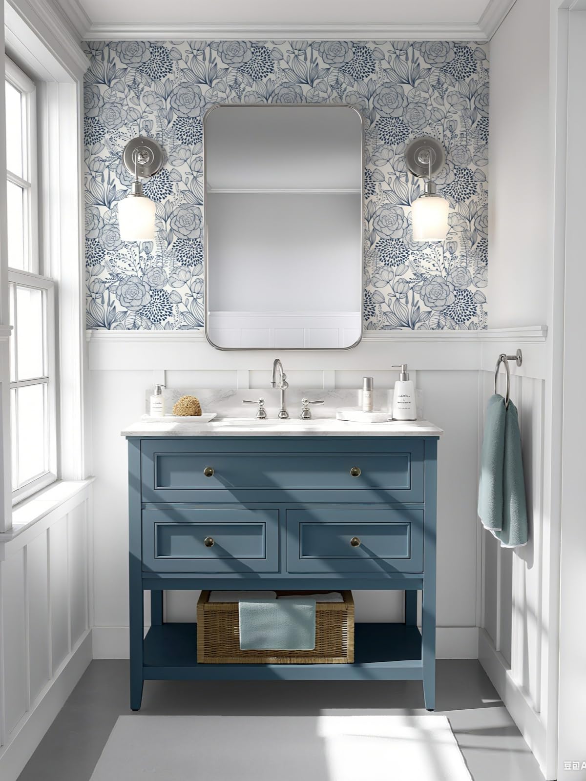 Wudnaye Navy Blue Floral Peel and Stick Wallpaper Blue and White Wallpaper 16.9"×118" Navy Floral Stick and Peel Wall Paper Flowers Contact Paper Self Adhesive Removable Waterproof for Bathroom Decor