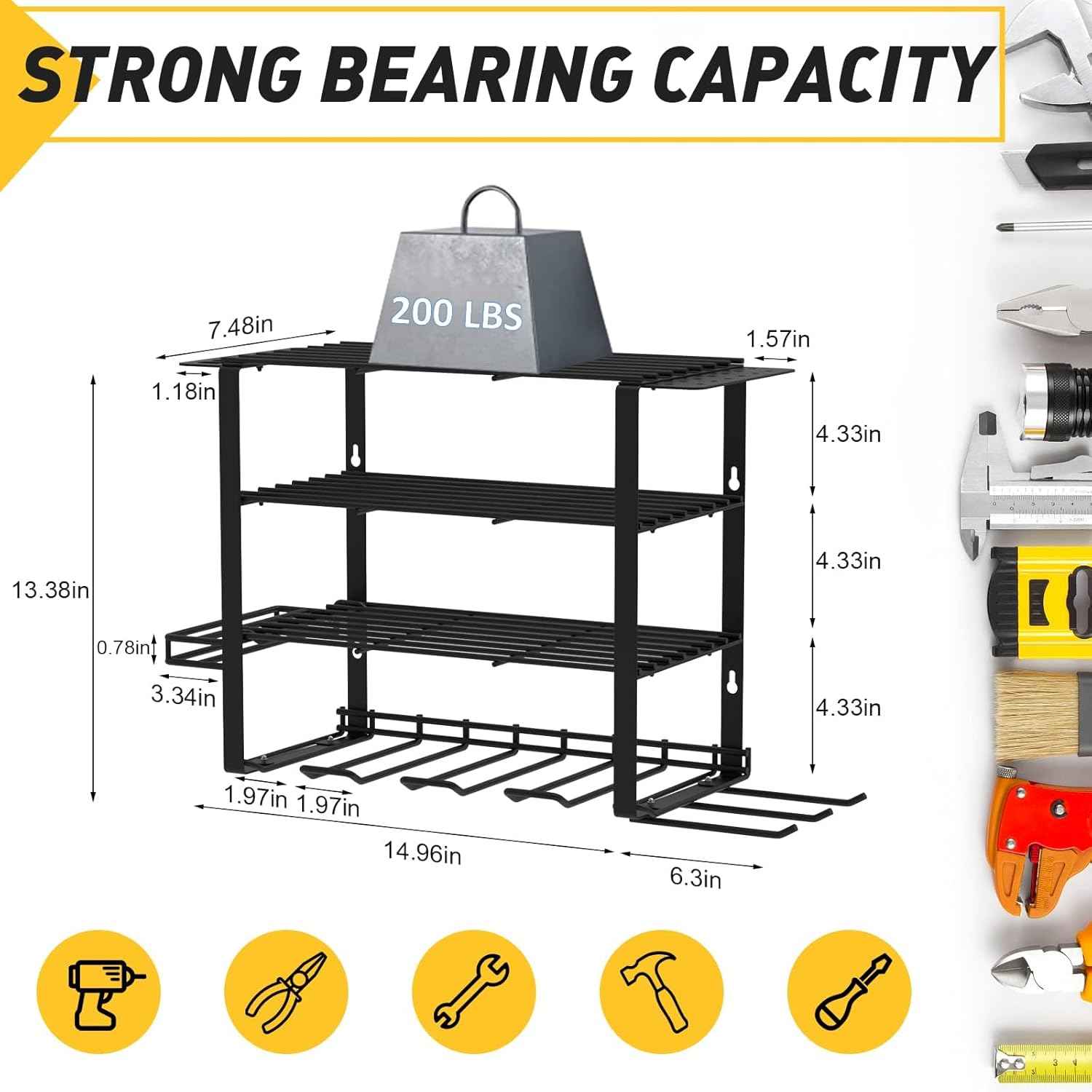 Heavy-Duty Wall-Mount Power Tool Organizer - 3 Extra Large Layers, 300lbs Capacity, 8 Cordless Drill Holders for Garage & Workshop