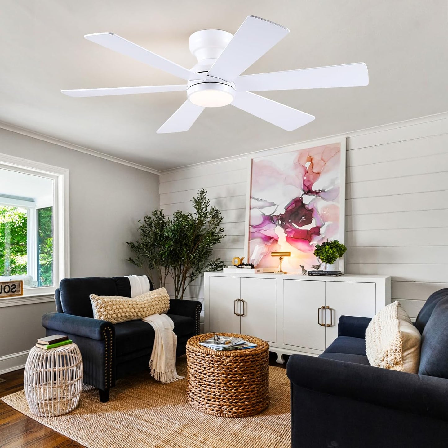 46” Black Low Profile Ceiling Fan with Lights & Remote Control - Dimmable, Noiseless, Reversible for Bedroom