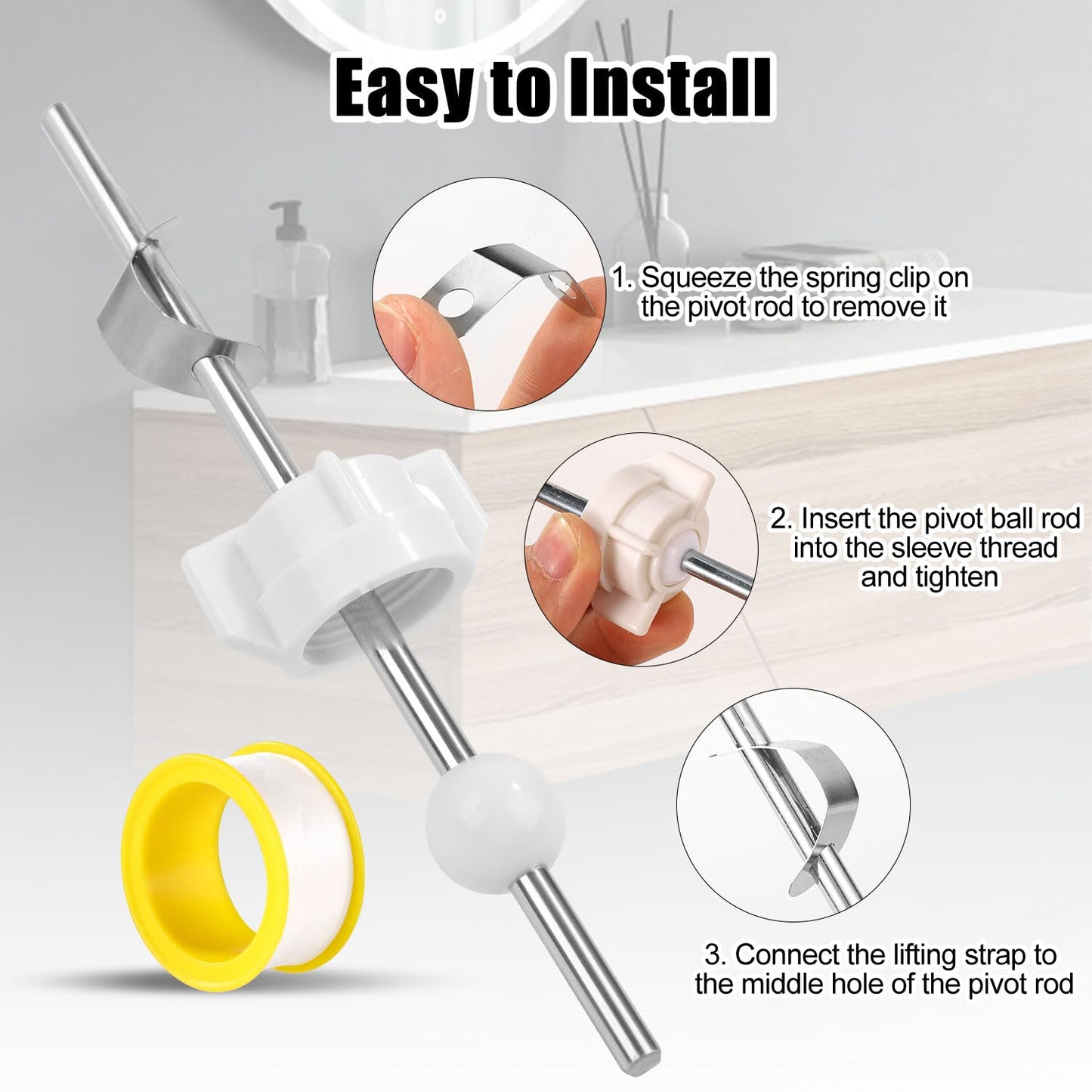 Pivot Rod Bathroom Sink Pop Up Stopper Compatible with 88994 Moen Drain Components Kit, Lavatory Pop Up Center Assembly Parts with Teflon Tape for Price Pfister & Other Popular Brands