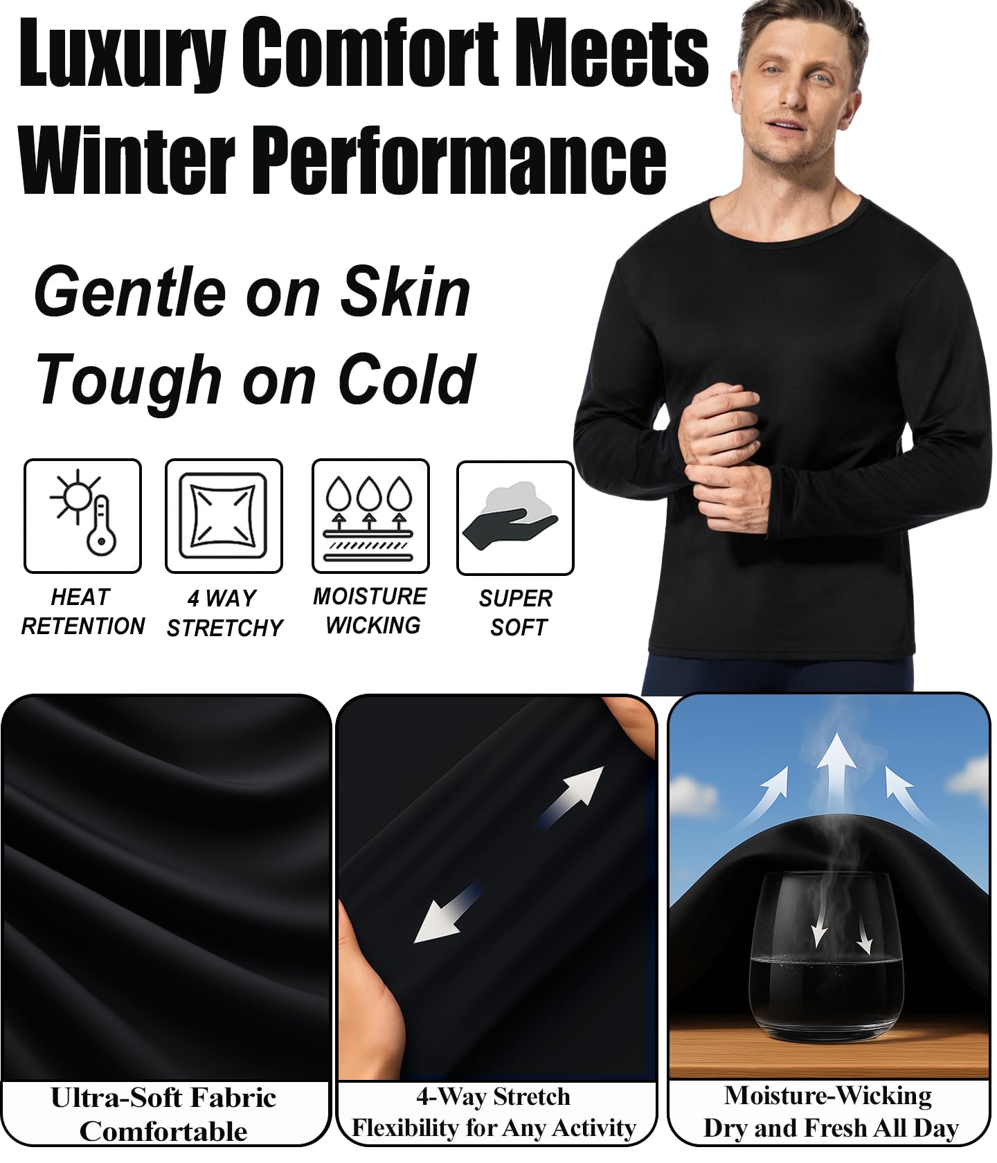Raxilon 2 Set Thermal Underwear Long Johns for Men Fleece Lined Base Layer Tops and Bottoms Set Cold Weather Clothing Gear Winter Gift