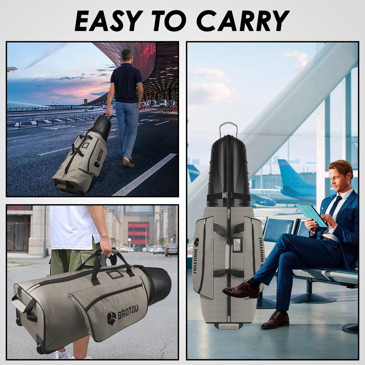 BROTOU Golf Travel Bags for Airlines with Tank Wheels and ABS Hard Shell Top Golf Club Travel Case Waterproof Oxford Fabric Protect Golf Clubs Large Capacity and Easy to Maneuver (Gray)
