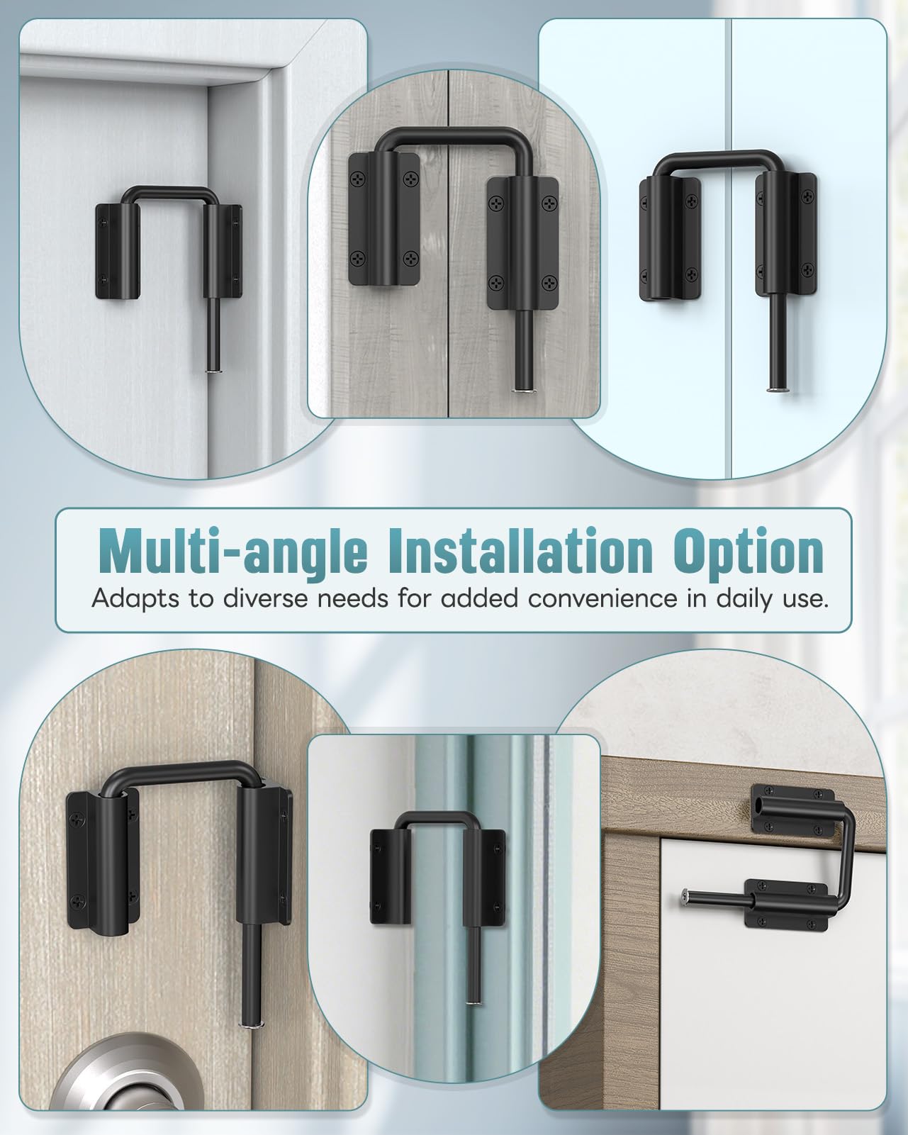 MeBantoo Updated U Patio Sliding Door Loop Lock Latch - 90/180 Degree Aluminum Alloy Security Bolt Lock for Barn, Garden, Fence Gate, Window - Multi-Angle Mounting (Black-1 PC)