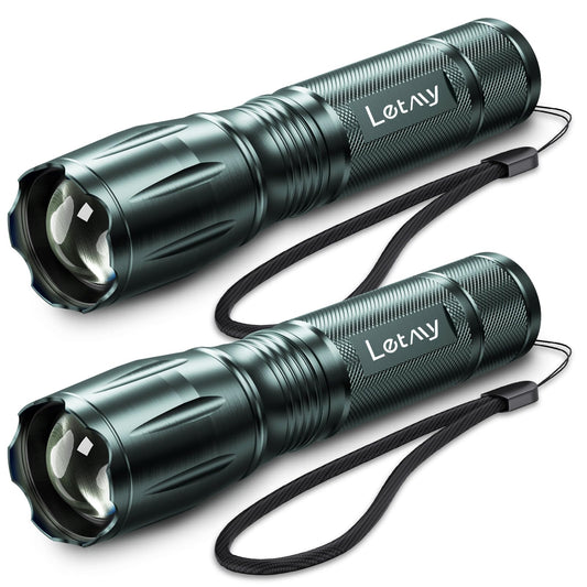 LETMY Tactical Flashlight - 2 Pack Bright Military Grade LED Flashlights High Lumens - Portable Handheld Flash Light, 5 Modes Zoomable Waterproof Flashlights for Home Emergency Camping- Gray